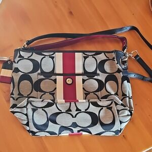 Coach Logo Print Striped Shoulder Bag with Detachable Strap Brand Tag Black Red